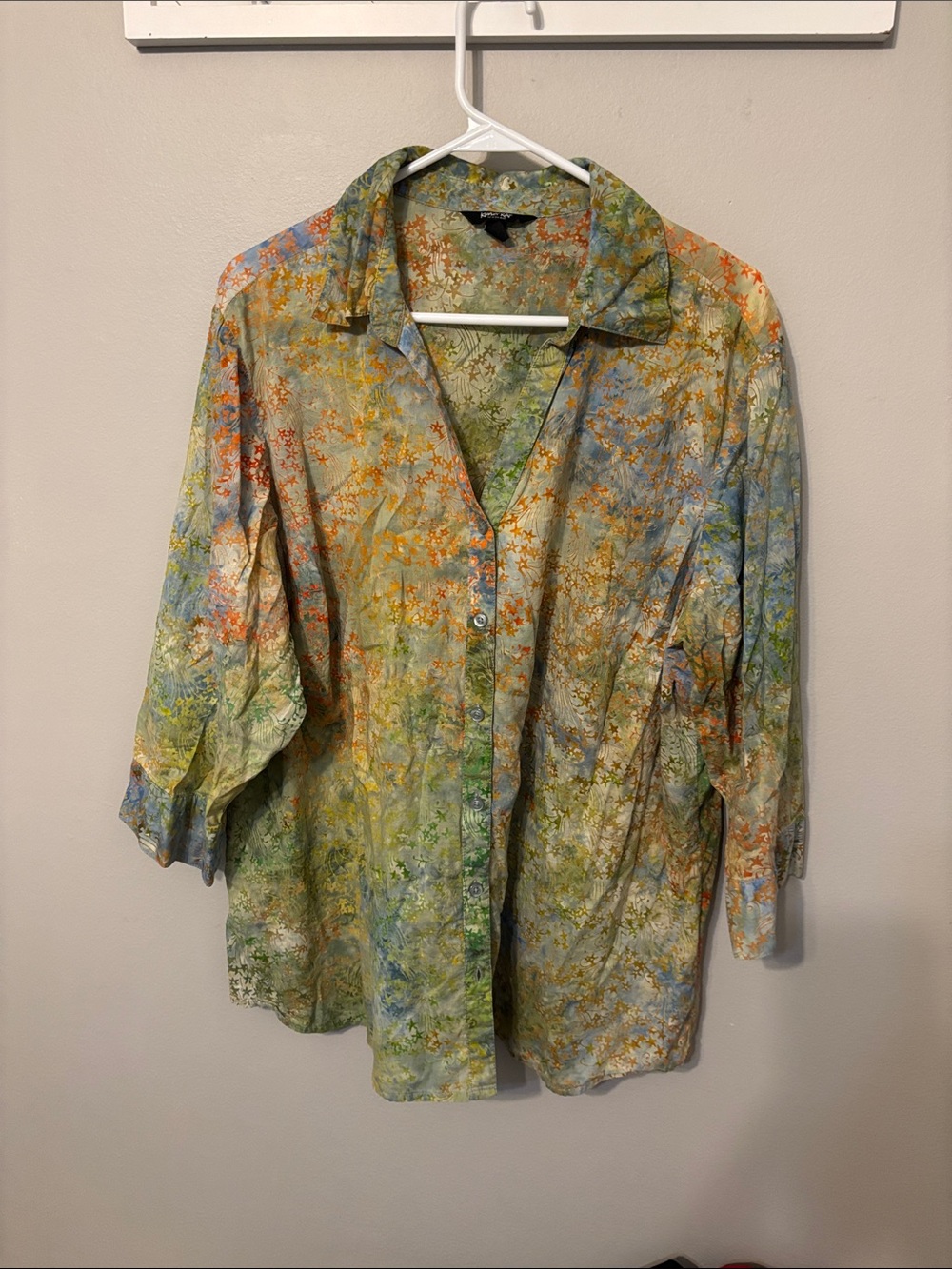 krazy kat Floral Watercolor Button-Down Shirt in Green, Blue & Orange